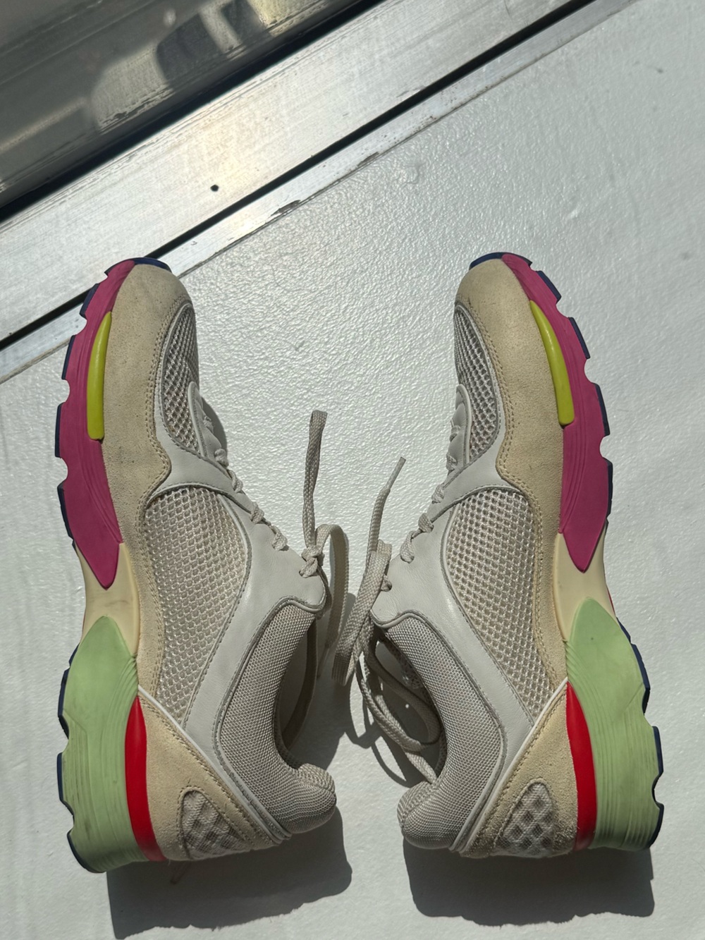 VINTAGE CHANEL White Leather & Suede CC Trainer with Pink, Green & Yellow Accent - Picture 8 of 11